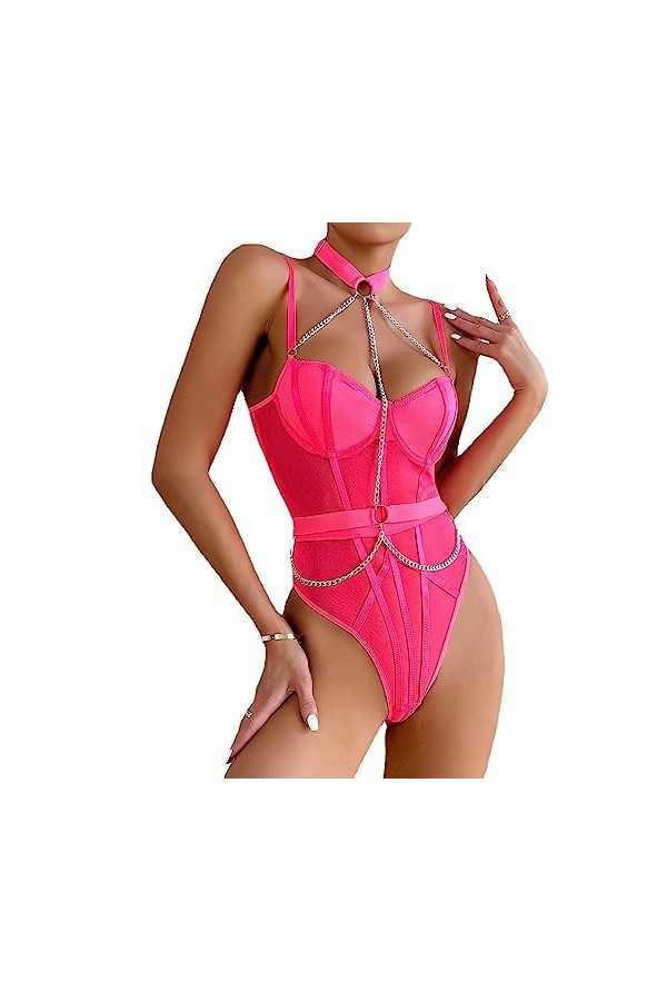 ZTIANEF Plus Grande tailleMinceur érotique Recueillie Combinaison Licou Confortable Sexy, Rose, S