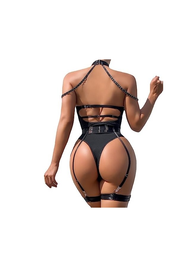 ZTIANEF LatexLingerie érotique réunie pour façonner Le Corps Sexy Strap Panneaux contrastent Combinaison, Noir, M