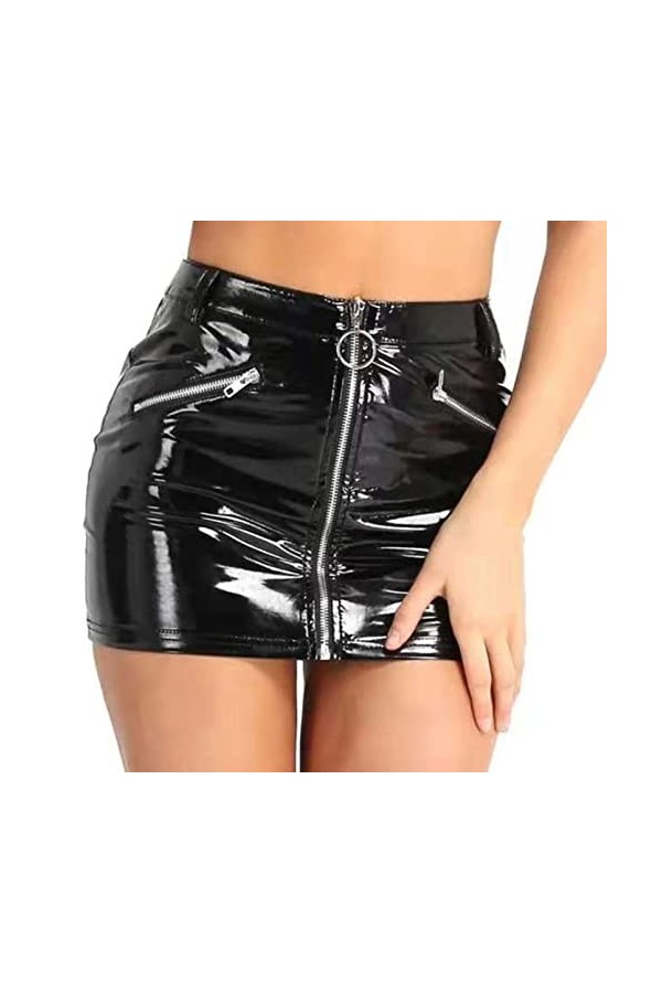 DCIUSTFHE Femmes Sexy Cuir Verni Stretch Envelopper Hanche Fermeture Éclair Jupe en Cuir Boîte De Nuit Bar DS Scène Danse Cos