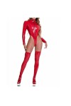 COOKOE Body sexy en cuir synthétique avec fermeture éclair sur la poitrine pour femme - Combinaison moulante en PVC - Pour mo