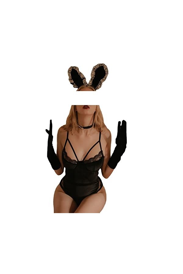 JHLL Mesdames Sexy Lapin de Velours Fille Lingerie Sexy Tenue de Lapin 3 pièces Uniforme Sexy Une pièce Noire,S
