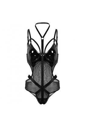 Lingerie Sexy Culotte Ouverte Lingerie Femme Une-Pièce Dos Nu Bretelles Réglables Justaucorps Body-Noir_S