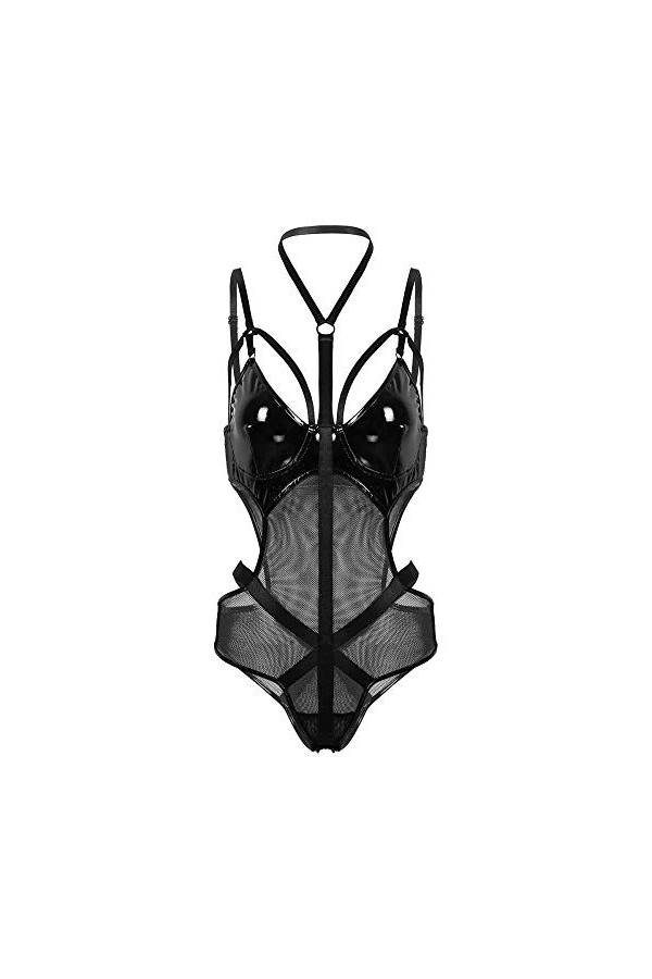 Lingerie Sexy Culotte Ouverte Lingerie Femme Une-Pièce Dos Nu Bretelles Réglables Justaucorps Body-Noir_S
