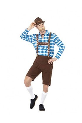 Smiffys Costume homme bière bavaroise, Bleu et marron, Avec chemise et Lederhosen