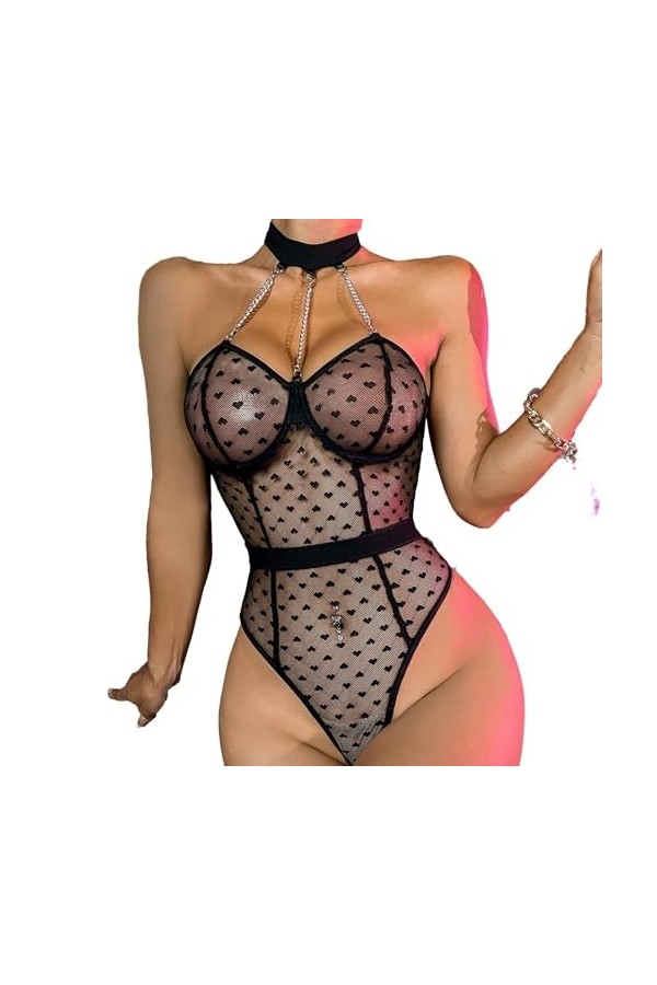 DAGIN Lingerie sexy pour femme en dentelle Teddy Body décolleté en V profond assorti Color : Blue, Size : XL 