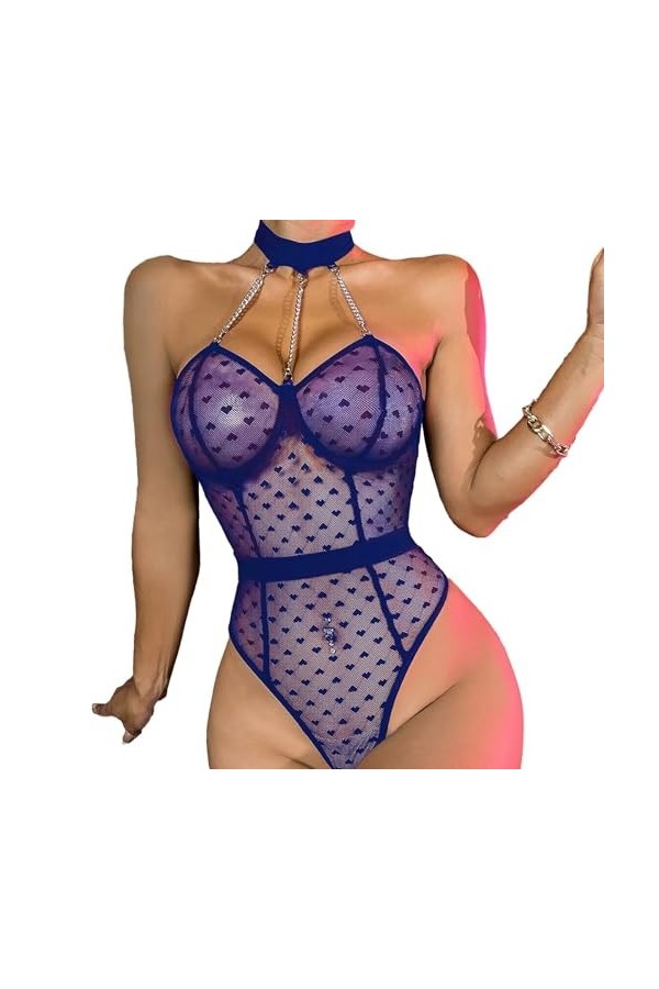 DAGIN Lingerie sexy pour femme en dentelle Teddy Body décolleté en V profond assorti Color : Blue, Size : XL 