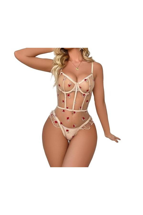 DAGIN Body en dentelle pour femmes, Lingerie, Teddy, pression, entrejambe, une pièce, à armatures, nuisette Color : Beige, S
