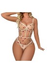 DAGIN Body en dentelle pour femmes, Lingerie, Teddy, pression, entrejambe, une pièce, à armatures, nuisette Color : Beige, S