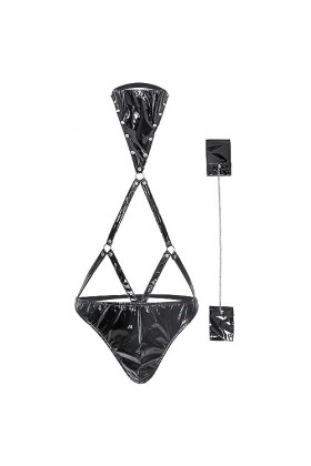 JYDQM Hommes Cuir PVC Lingerie Robe De Boîte De Nuit Hommes en Cuir Verni Pyjama Justaucorps Creux DAppel PVC Cuir Érotique/