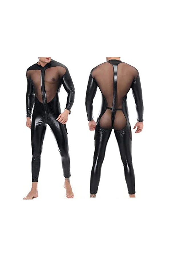 Hommes Sexy Dentelle Net Fil Couture Catsuit en Cuir Verni Combinaison Corps Complet Body Wet Look Zipper Vêtements,M,Black
