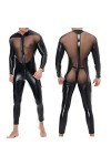 Hommes Sexy Dentelle Net Fil Couture Catsuit en Cuir Verni Combinaison Corps Complet Body Wet Look Zipper Vêtements,M,Black