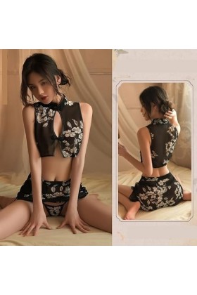 Rok Pendek Porno Indah Pakaian Dalam Menggoda Seksi Transparan Pola Bunga Seragam Cheongsam Cina Kostum Qipao