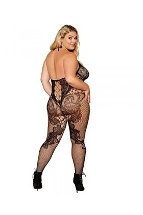 Dreamgirl Bodystocking Manches Longues Grande Taille Effet Body et Bas Noir - DG0444XBLK - TU Grande Taille - OSQ, Noir