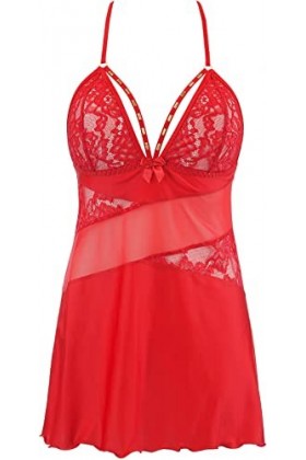 Axami Babydoll romantique avec rayures et inserts en dentelle, rouge, XS