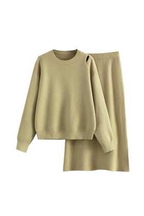 Pyjama Femme Moelleux Femmes Automne Hiver Couleur Unie Manches Longues Tricoté Pull et Jupe Version Lâche De Décontracté Mai