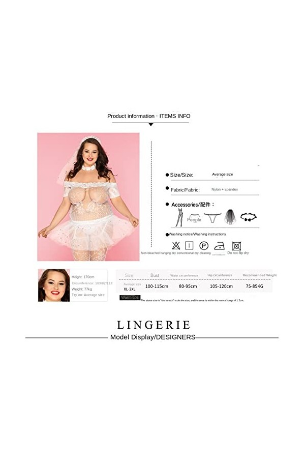 JHLL Dames Sexy Grande Taille Robe de mariée Blanche Transparente Lingerie Sexy Tenue de mariée Cosplay Uniforme Adulte.