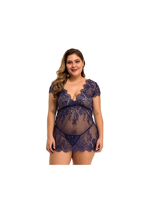 UDRJU Lingerie pour Le Sexe Col en V Lingerie Sexy Costumes Grande Taille Vêtements De Nuit Femme-Bleu Marine_3XL