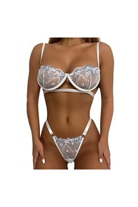 Chemises & Déshabillés Cupless Through Lace Embroidery Womens Underwear Set Costumes Blanc M 