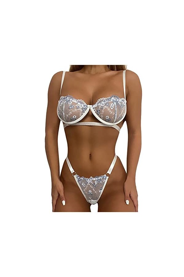 Chemises & Déshabillés Cupless Through Lace Embroidery Womens Underwear Set Costumes Blanc M 