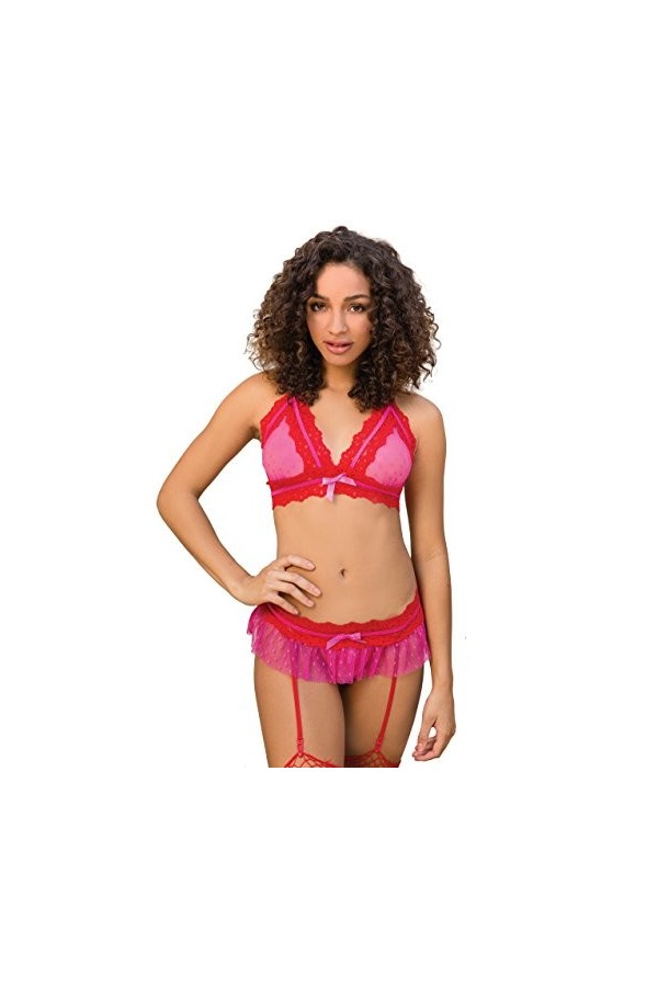 Leg Avenue Ensemble de Point dEsprit Pièces Composé de Soutien Gorge Porte Jarretelles et String M/L Rose/Rouge