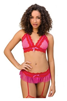 Leg Avenue Ensemble de Point dEsprit Pièces Composé de Soutien Gorge Porte Jarretelles et String M/L Rose/Rouge