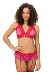 Leg Avenue Ensemble de Point dEsprit Pièces Composé de Soutien Gorge Porte Jarretelles et String M/L Rose/Rouge