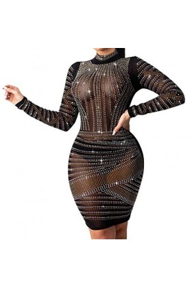 RENJLX Robe Femme Club Processus Mode Party Robe Diamond Sexy Nuit Sexy Femmes Robe Femmes Robe Automne Sexy Dentelle, Noir ,