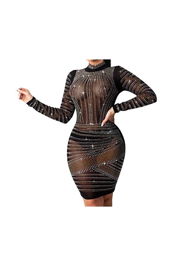 RENJLX Robe Femme Club Processus Mode Party Robe Diamond Sexy Nuit Sexy Femmes Robe Femmes Robe Automne Sexy Dentelle, Noir ,