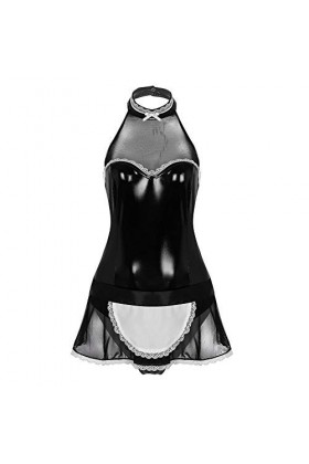 Rtyoo Lingerie de Noël sexyFemmes Lingerie Costume en Cuir Verni Sex Maid Cosplay Costume Halter Sexy Combinaison avec Tablie