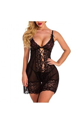 Rtyoo Lingerie Sexy femmePerspective Dames sous-vêtements Dentelle Sexy Chemise de Nuit Sexy Pyjama Slip col V Pyjama Sexy-Bl
