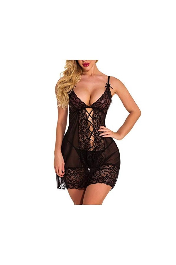 Rtyoo Lingerie Sexy femmePerspective Dames sous-vêtements Dentelle Sexy Chemise de Nuit Sexy Pyjama Slip col V Pyjama Sexy-Bl