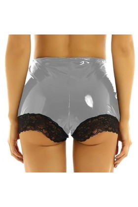 JQYTEN Femmes Dentelle Bord Patchwork Maigre Mini Short en Cuir Taille Élastique Sexy Danse Clubwear PVC Shorts Plus La Taill