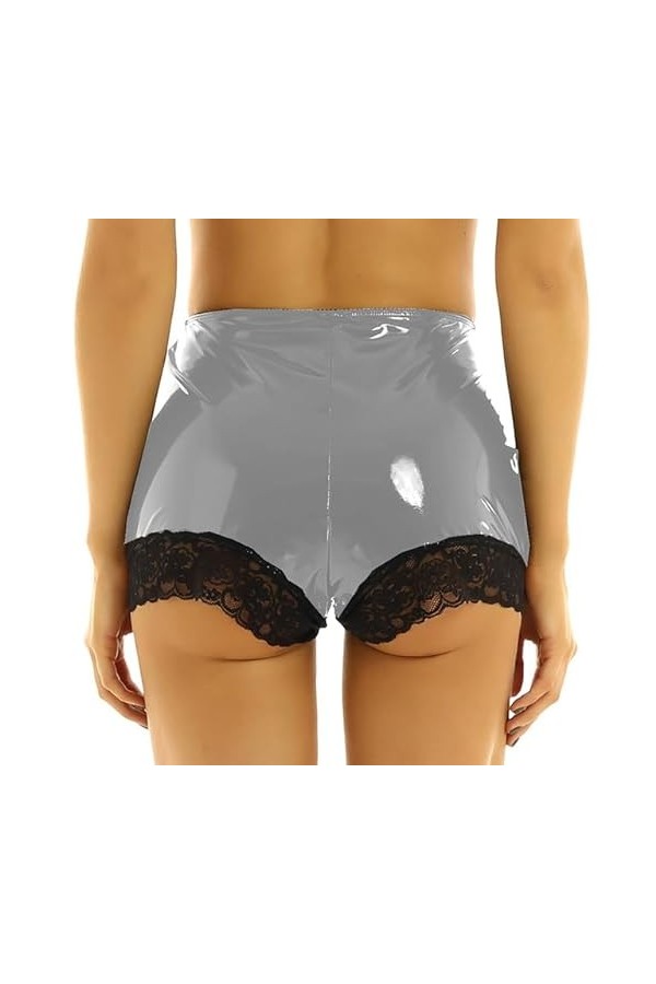 JQYTEN Femmes Dentelle Bord Patchwork Maigre Mini Short en Cuir Taille Élastique Sexy Danse Clubwear PVC Shorts Plus La Taill