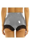 JQYTEN Femmes Dentelle Bord Patchwork Maigre Mini Short en Cuir Taille Élastique Sexy Danse Clubwear PVC Shorts Plus La Taill