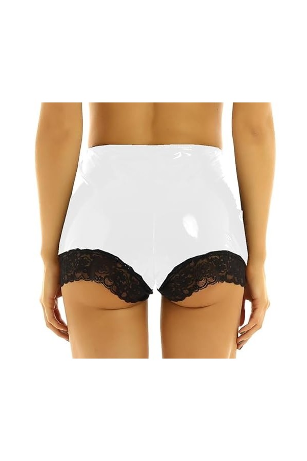 JQYTEN Femmes Dentelle Bord Patchwork Maigre Mini Short en Cuir Taille Élastique Sexy Danse Clubwear PVC Shorts Plus La Taill