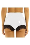 JQYTEN Femmes Dentelle Bord Patchwork Maigre Mini Short en Cuir Taille Élastique Sexy Danse Clubwear PVC Shorts Plus La Taill