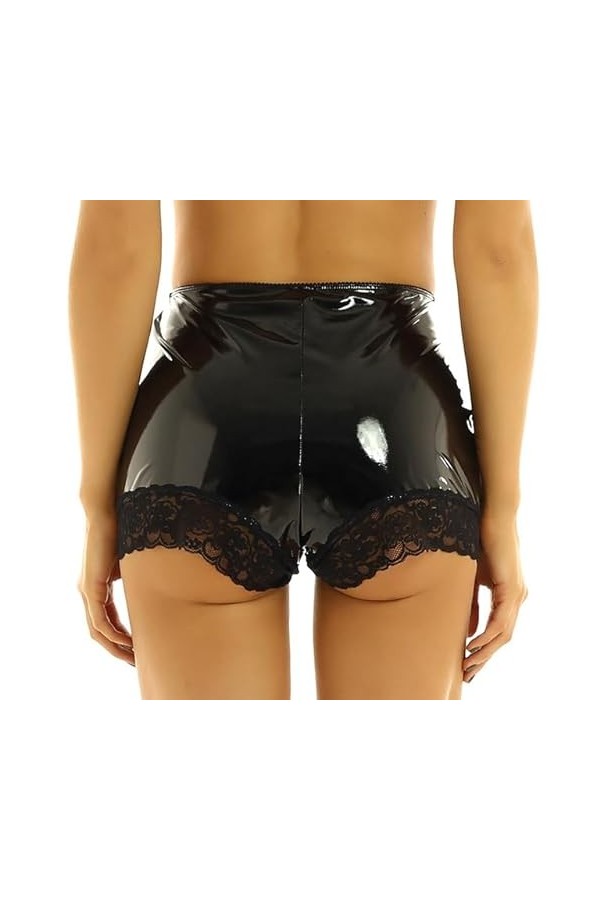 JQYTEN Femmes Dentelle Bord Patchwork Maigre Mini Short en Cuir Taille Élastique Sexy Danse Clubwear PVC Shorts Plus La Taill
