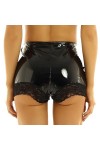 JQYTEN Femmes Dentelle Bord Patchwork Maigre Mini Short en Cuir Taille Élastique Sexy Danse Clubwear PVC Shorts Plus La Taill