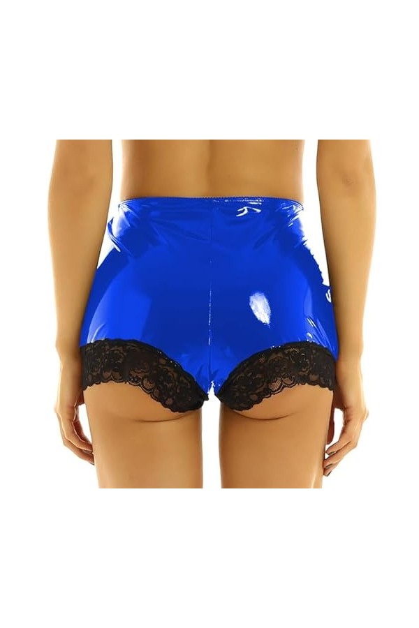 JQYTEN Femmes Dentelle Bord Patchwork Maigre Mini Short en Cuir Taille Élastique Sexy Danse Clubwear PVC Shorts Plus La Taill
