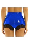 JQYTEN Femmes Dentelle Bord Patchwork Maigre Mini Short en Cuir Taille Élastique Sexy Danse Clubwear PVC Shorts Plus La Taill