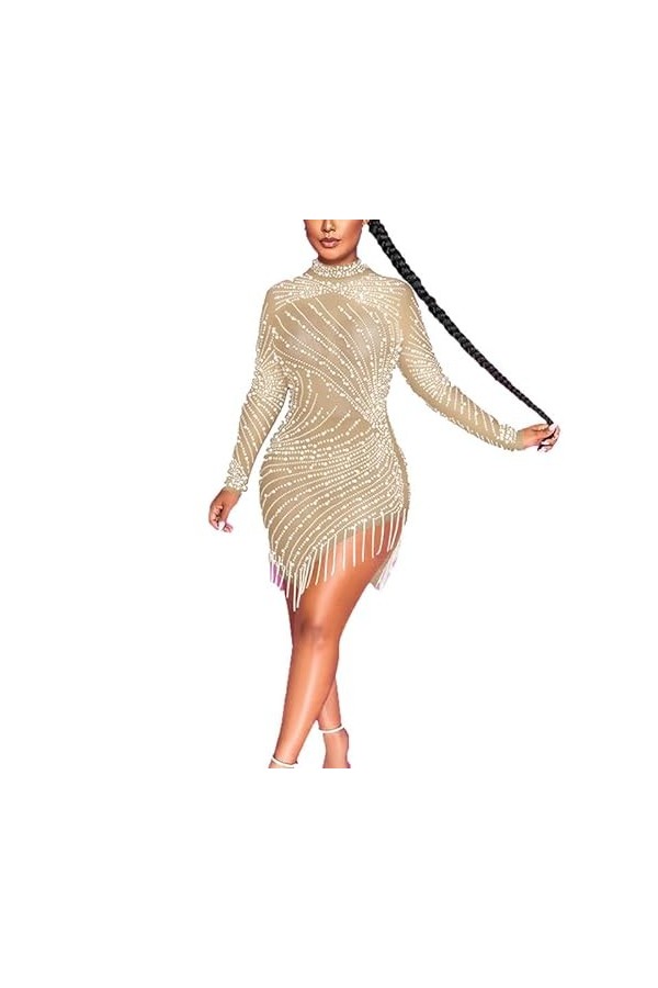 Robe sexy en maille strass pour femmes Processus de forage à chaud Robe moulante Party Club Robe de nuit avec gland