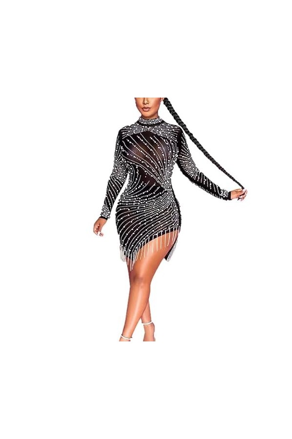 Robe sexy en maille strass pour femmes Processus de forage à chaud Robe moulante Party Club Robe de nuit avec gland