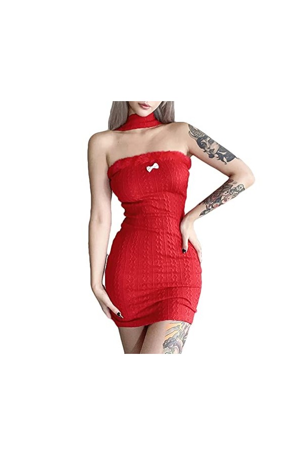 JasmyGirls Mini robe sexy de Noël - Costume de Père Noël - Robe tube moulante sans bretelles, Rouge, Large