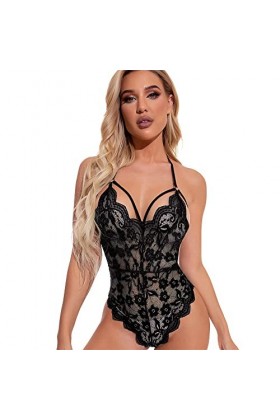 RIJPEX Ensemble de Lingerie en Dentelle Moulante Casual Home Jumpsuit Vêtements pour Femmes Noir XXCLarge 