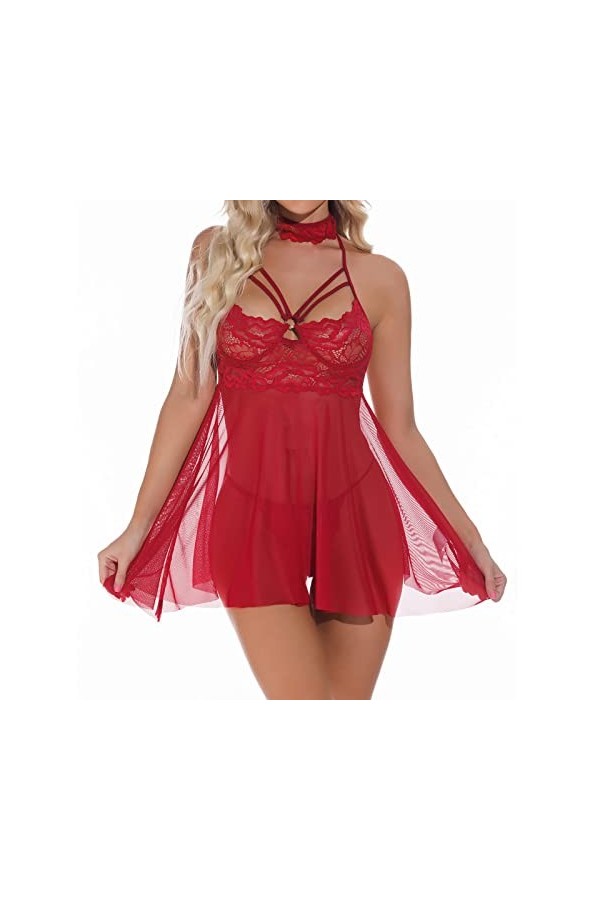 WDZOWU Couple De Lingerie Nuisette Sexy en Dentelle pour Femme, Rouge, M