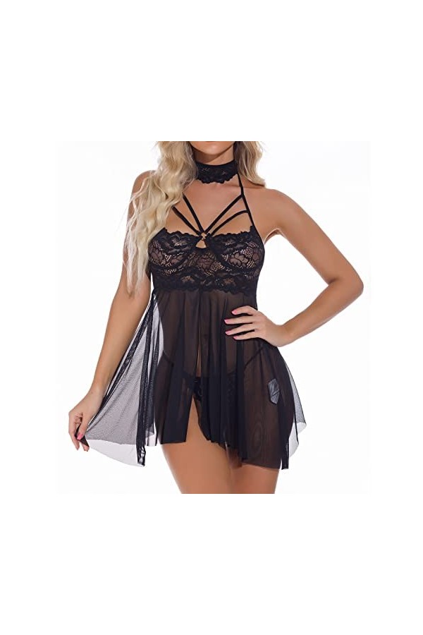 WDZOWU Couple De Lingerie Nuisette Sexy en Dentelle pour Femme, Rouge, M