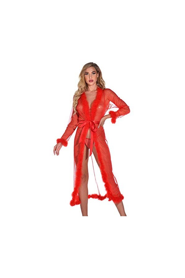 WDZOWU Robe Longue en Dentelle Sexy pour Femmes-Wine_XL