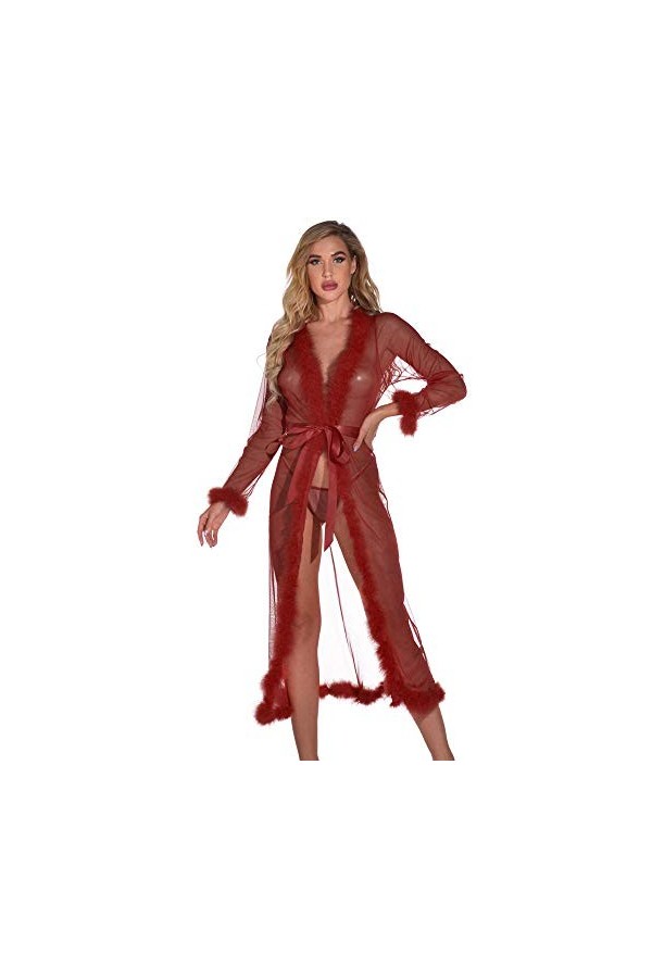 WDZOWU Robe Longue en Dentelle Sexy pour Femmes-Wine_XL