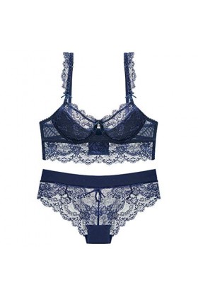 YLISHI Ensemble soutien-gorge en dentelle ultra fine et culotte grande taille - bleu - 85A