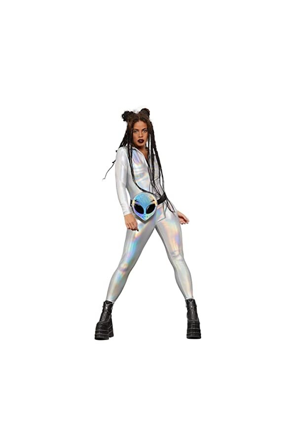 Fever Miss Whiplash Mirror Holographic Costume, Zip Up Catsuit S 